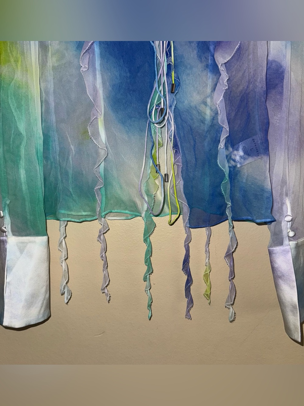 RETROFÊTE AVIVA SILK CHIFFON BLOUSE Watercolor Wave Tie Front Sheer Size L - Picture 4 of 14